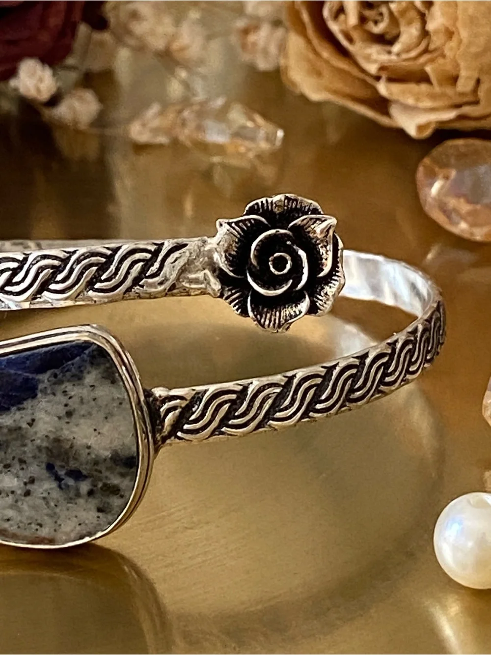 Sodalite Hand Crafted Flower Bypass Bangle